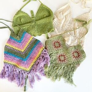 Lakhays Bundle Lot (4) Handmade Crochet Knit Halter Tops Boho Festival Coachella